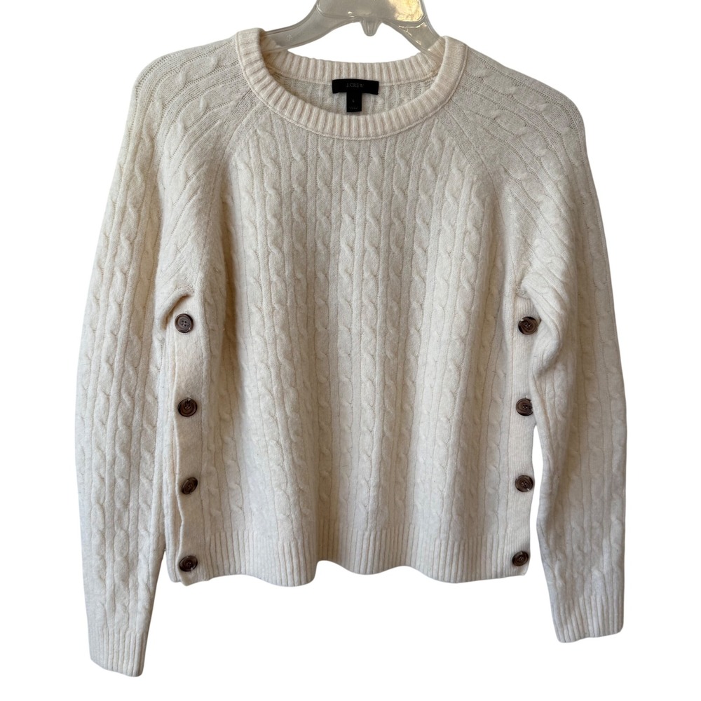 J.Crew Womens Soft Girl Wool Blend Sweater L Cream Cable Knit Side Button Preppy